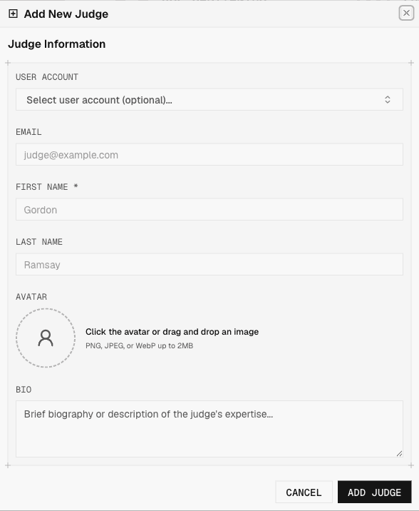 The Judges page with the add-judge form