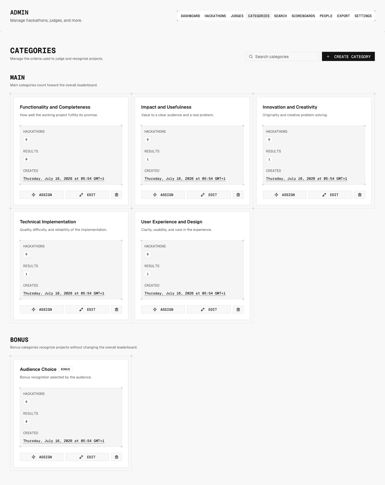 The Categories page with main and bonus categories