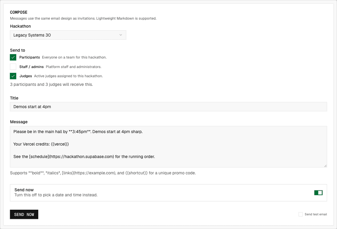 The Messages page with a message ready to send
