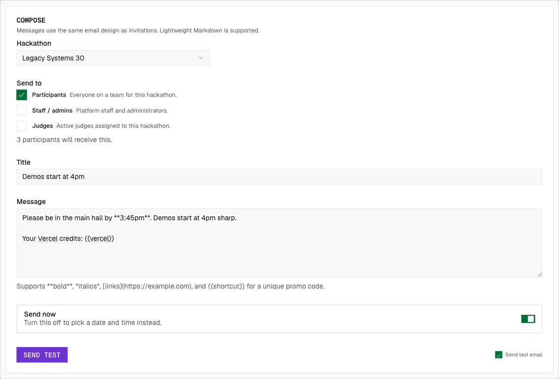 The Compose card with Send test email ticked and the purple Send Test button