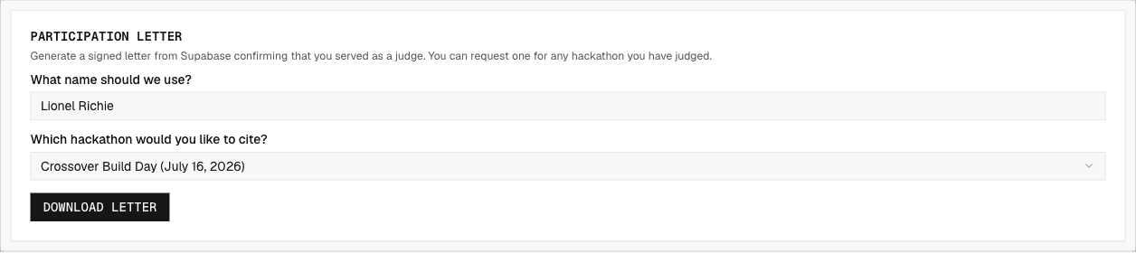 The participation letter card with a hackathon selector and download button