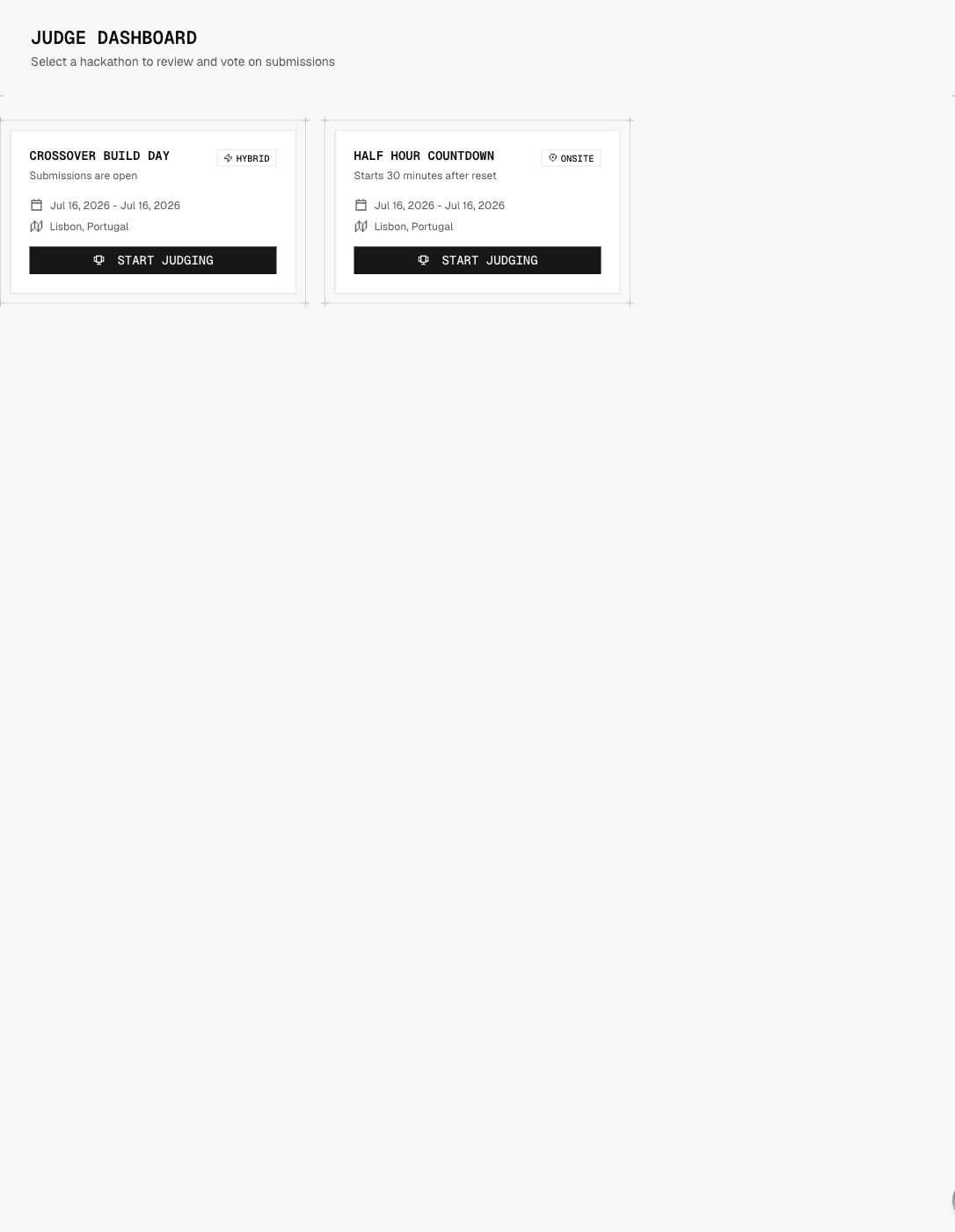 The judge portal with a hackathon selector