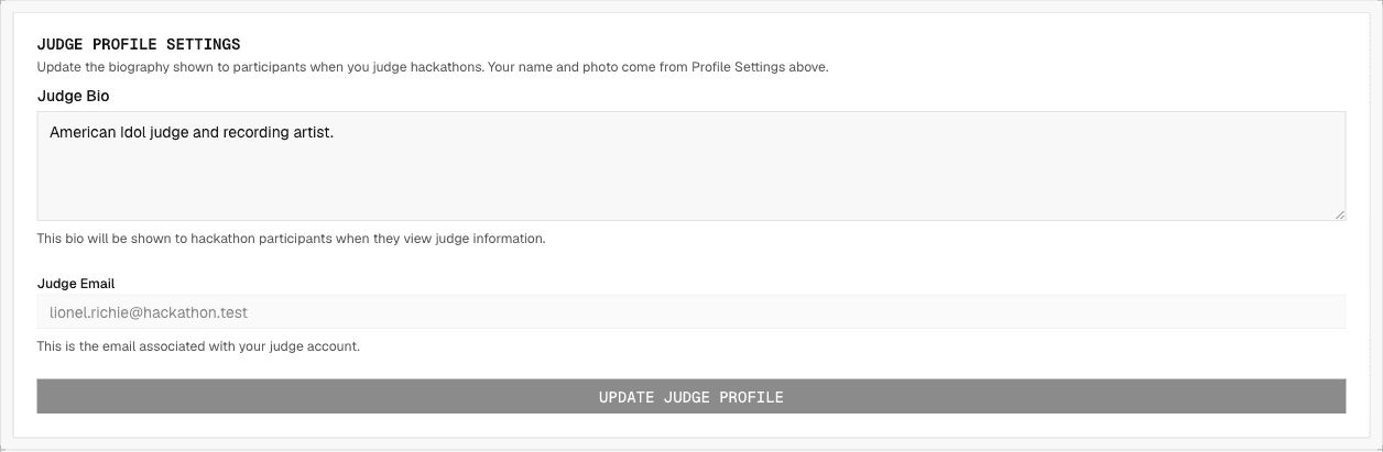 The judge profile settings card with the bio field