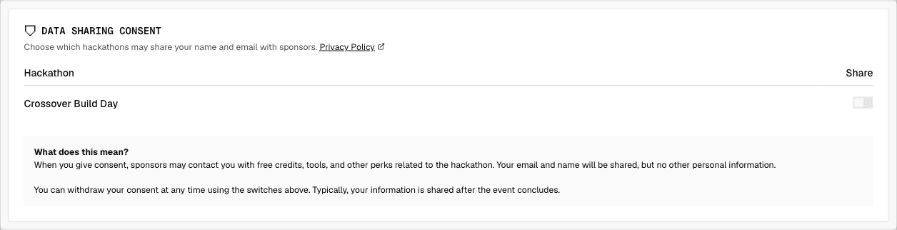 The data-sharing consent card listing each hackathon with a toggle