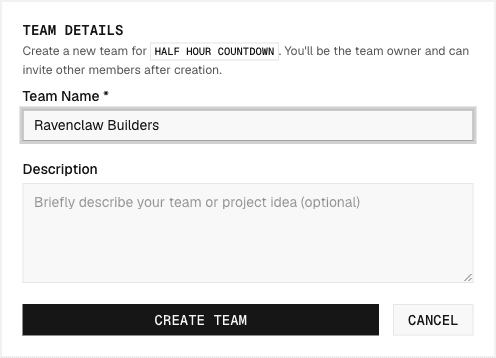 The create-team form