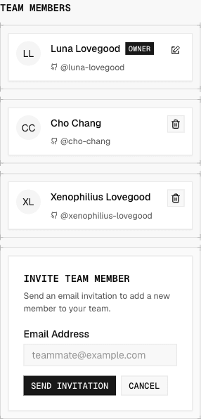 The team page with the invite field and a pending invitation