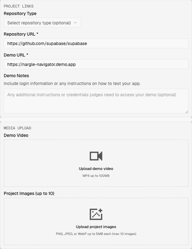 The project links and media fields: repository, demo, and screenshots